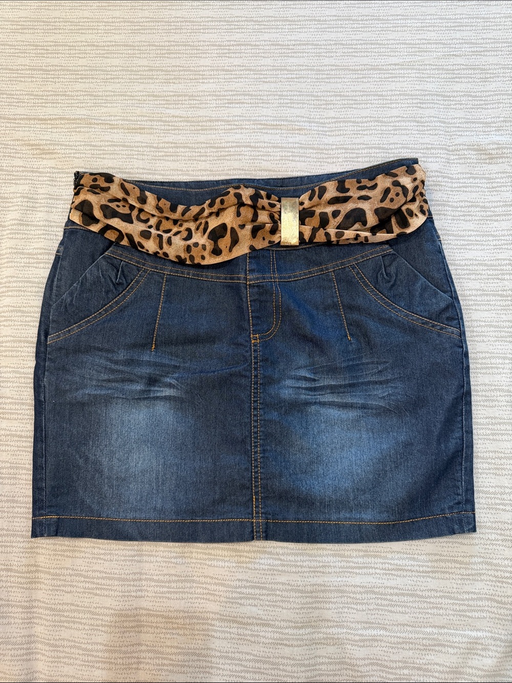 Denim Mini Skirt with Leopard Print Waistband - Blue